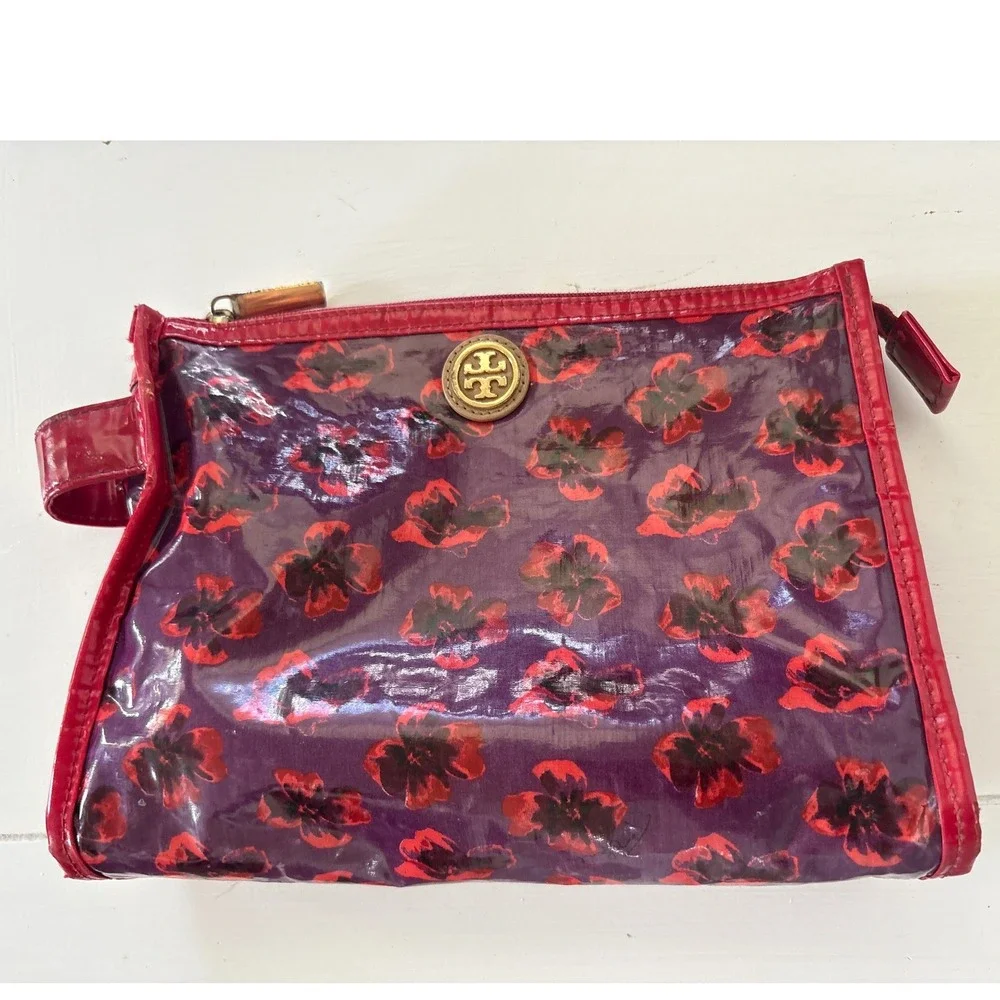 Tory Burch Purple Red Floral Glossy PVC Cosmetic Makeup Bag Pouch with Logo